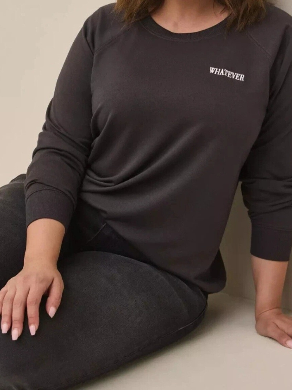 Torrid Sz 2 Charcoal Crewneck Sweater with "WHATEVER" Embroidery